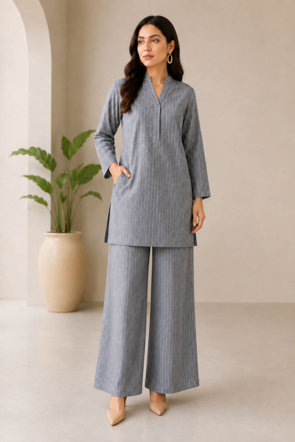 Minimal Elegance Greyish Striped Two Piece Set